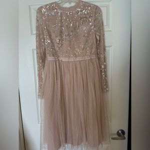 Needle & Thread Embellished Long Sleeve Midi Dress with Tulle Skirt